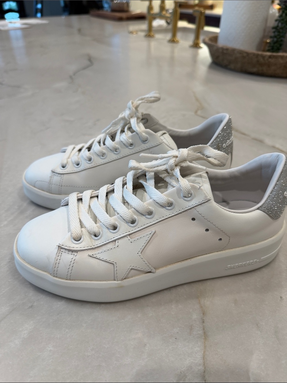 Golden Goose White Leather Sneakers with Silver Glitter Heel Tab